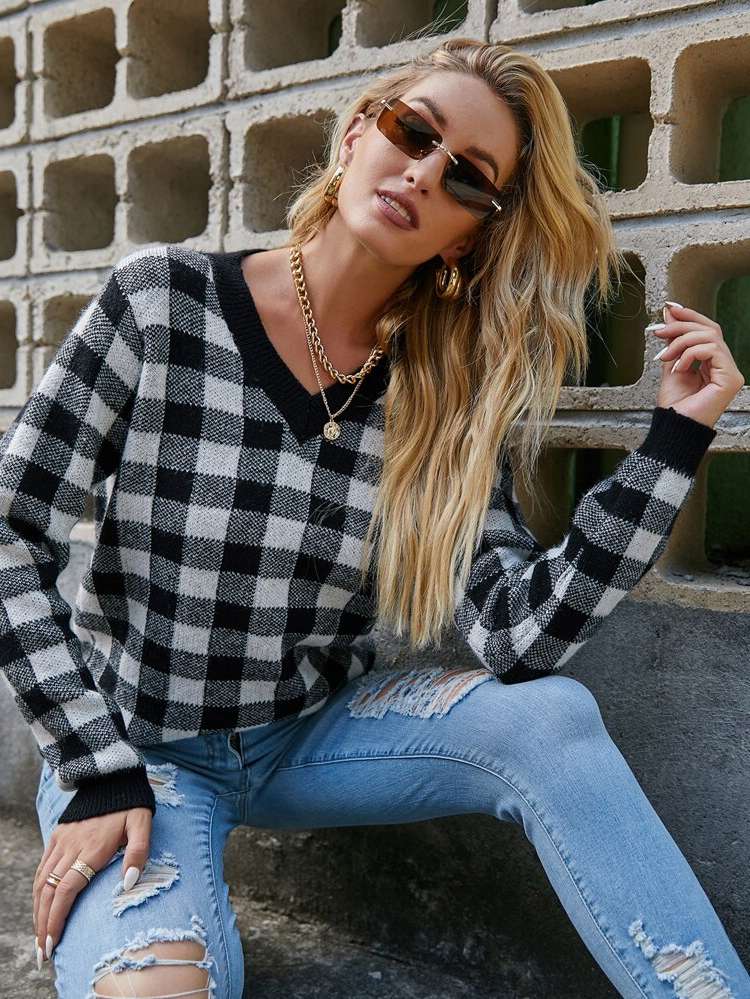  Gingham V neck Casual Women Knitwear 19