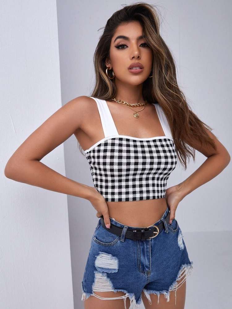 Gingham Straps Black and White Women Tank Tops  Camis 696