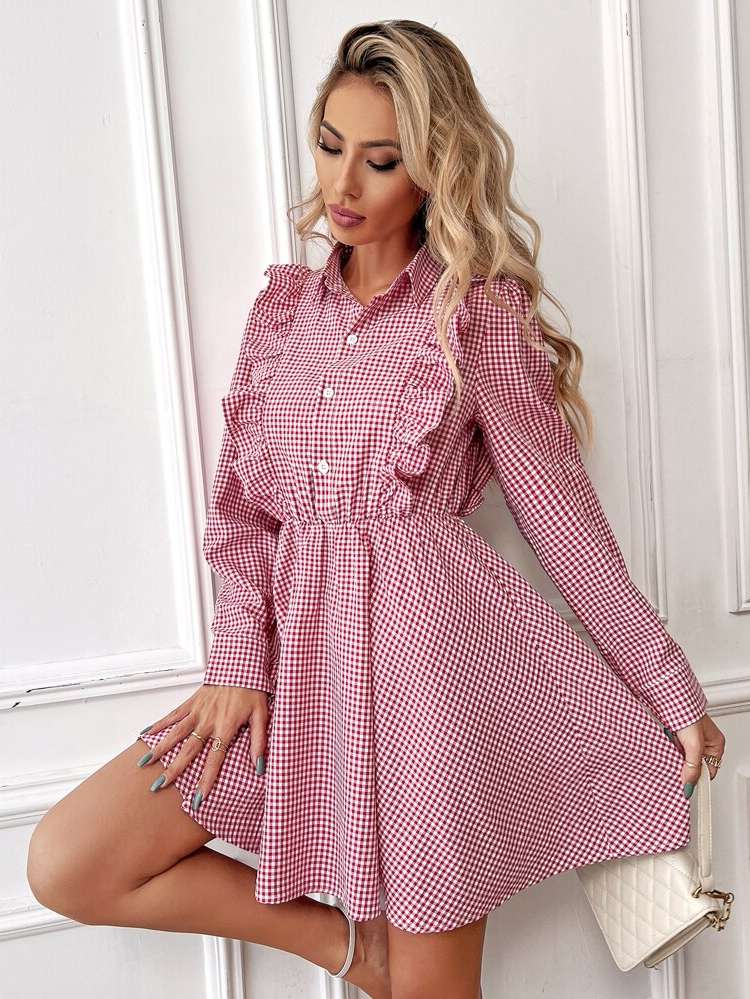 Gingham Black and White Collar Casual Women Dresses 627