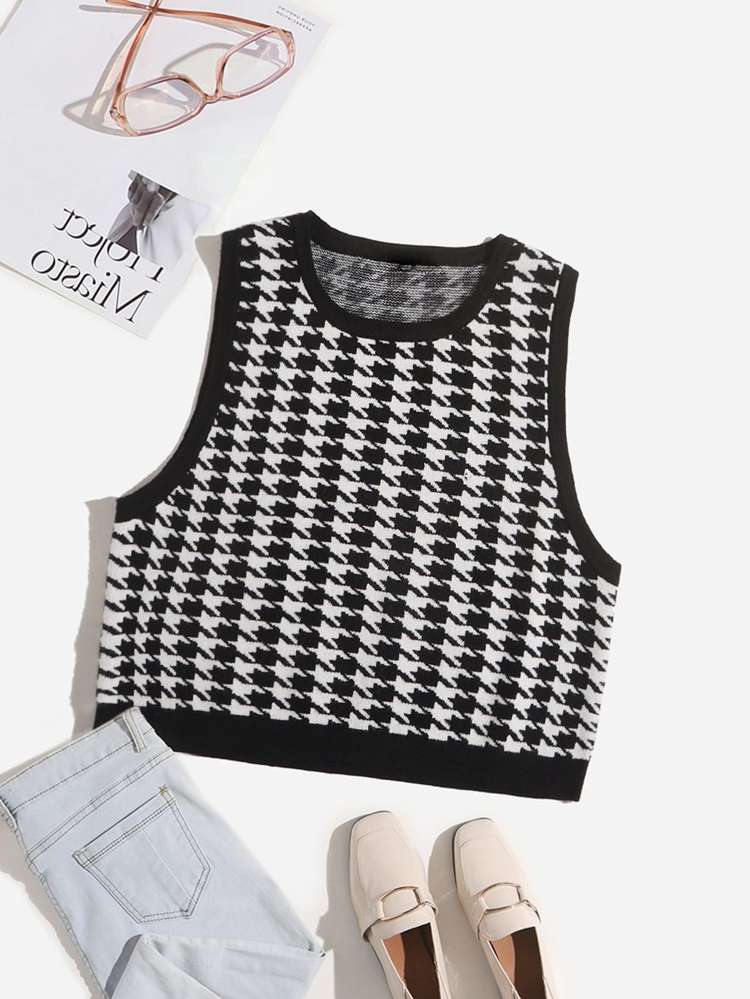  Black and White Houndstooth Casual Women Sweater Vests 169