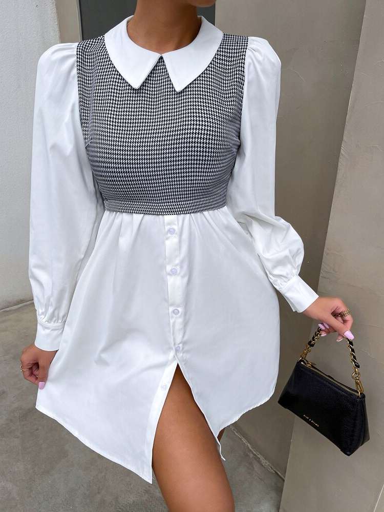 Houndstooth Collar Casual Short Women Clothing 5567