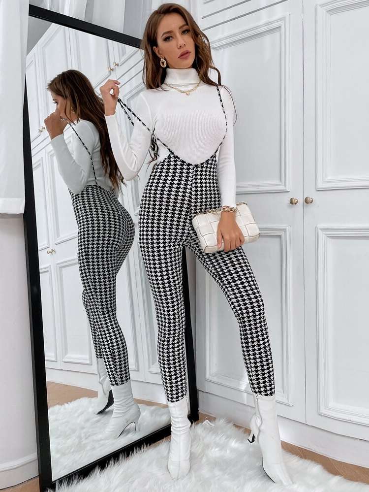 Houndstooth  Spaghetti Strap Women Jumpsuits  Bodysuits 1804