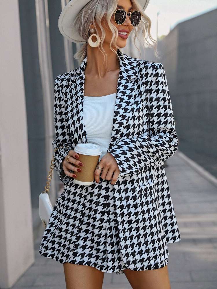  Long Sleeve Houndstooth Black and White Women Clothing 6815