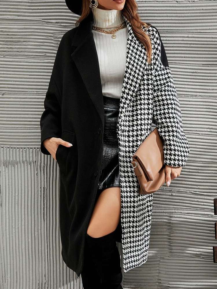 Houndstooth Button Front Black and White Long Sleeve Women Outerwear 6424