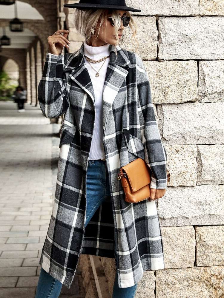 Casual Plaid Regular Fit Double Button Women Overcoats 4530