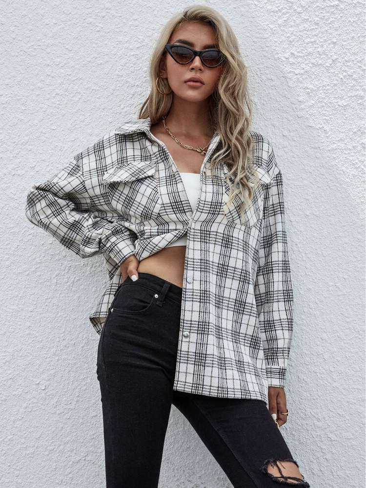 Regular Collar Plaid Long Sleeve Women Outerwear 331