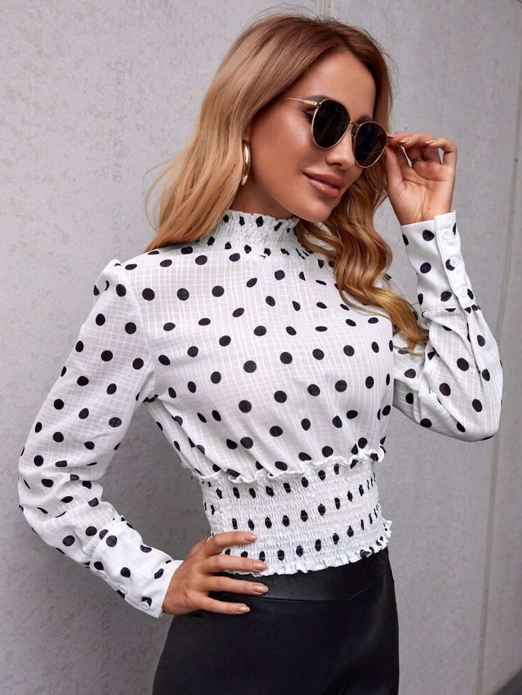 Stand Collar Shirred Long Sleeve Regular Fit Women Clothing 2808