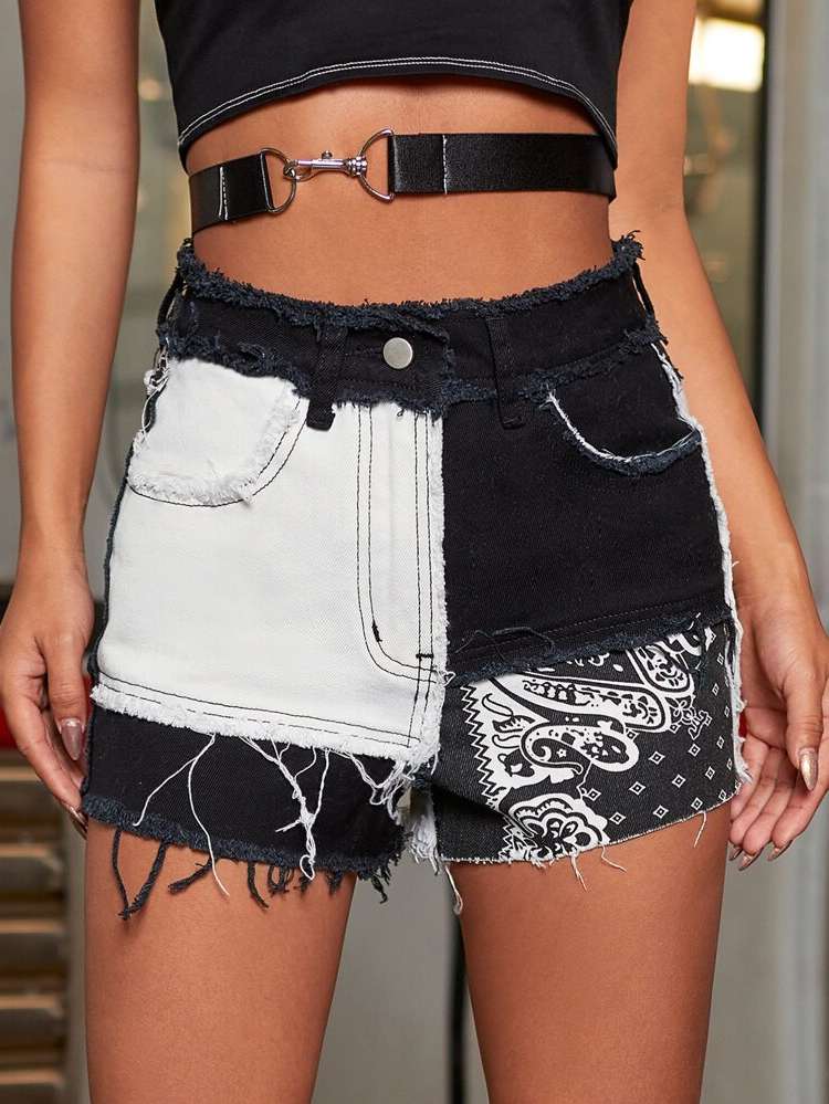   Black and White Women Denim Shorts 473