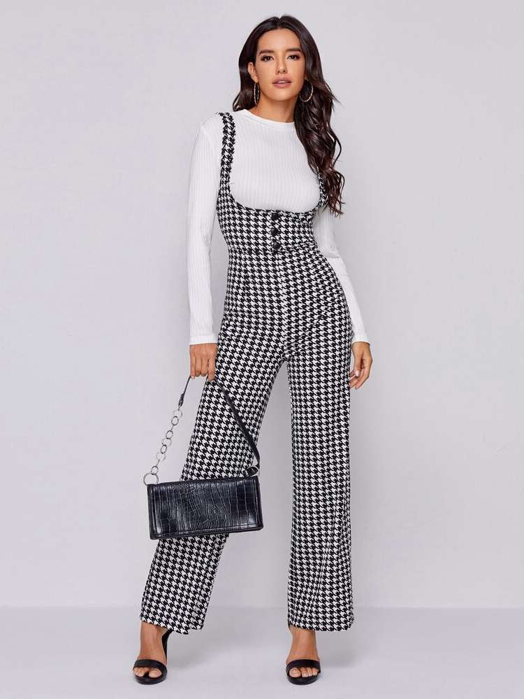 Houndstooth Black and White Zipper Sleeveless Women Jumpsuits 8194