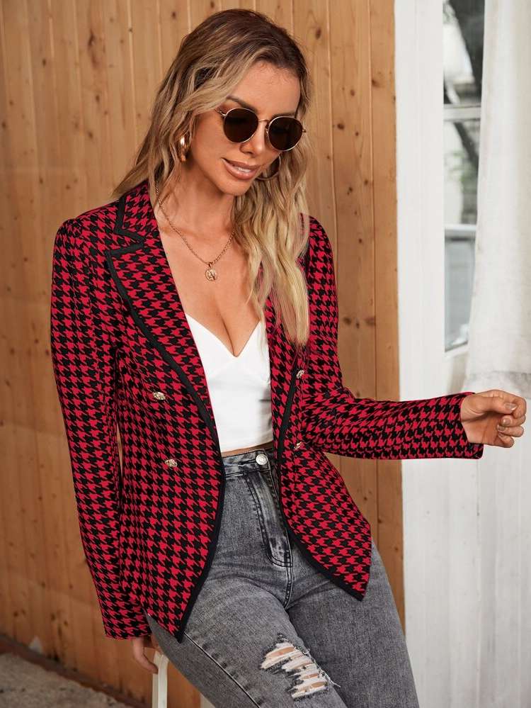 Houndstooth Lapel Long Sleeve Regular Fit Women Outerwear 244