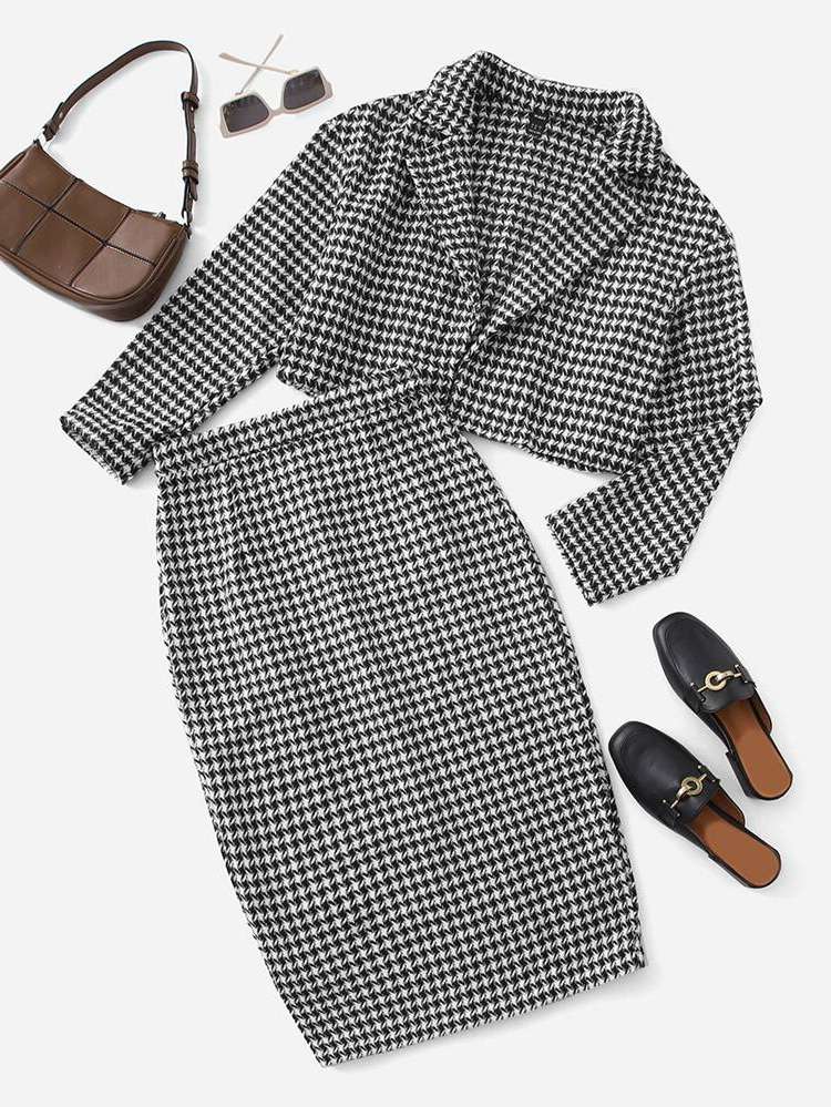 Houndstooth Lapel Black and White Women Suits 5583