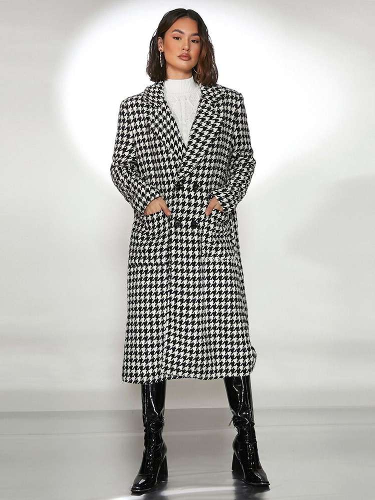 Midi Houndstooth Elegant Pocket Women Outerwear 15