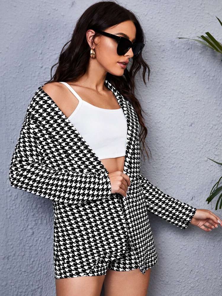 Houndstooth Lapel Regular Fit Black and White Women Suits 398