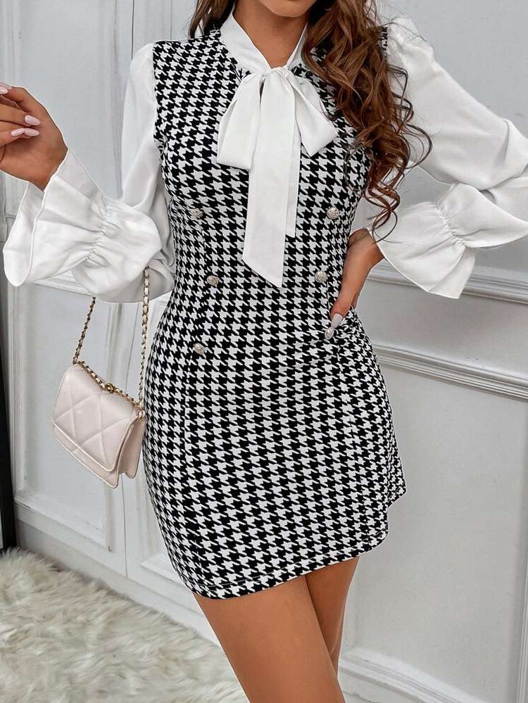  Houndstooth Black and White Elegant Women Dresses 2965