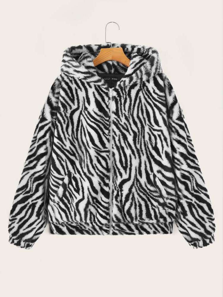 Black and White Regular Fit Zebra Stripe Casual Women Outerwear 481