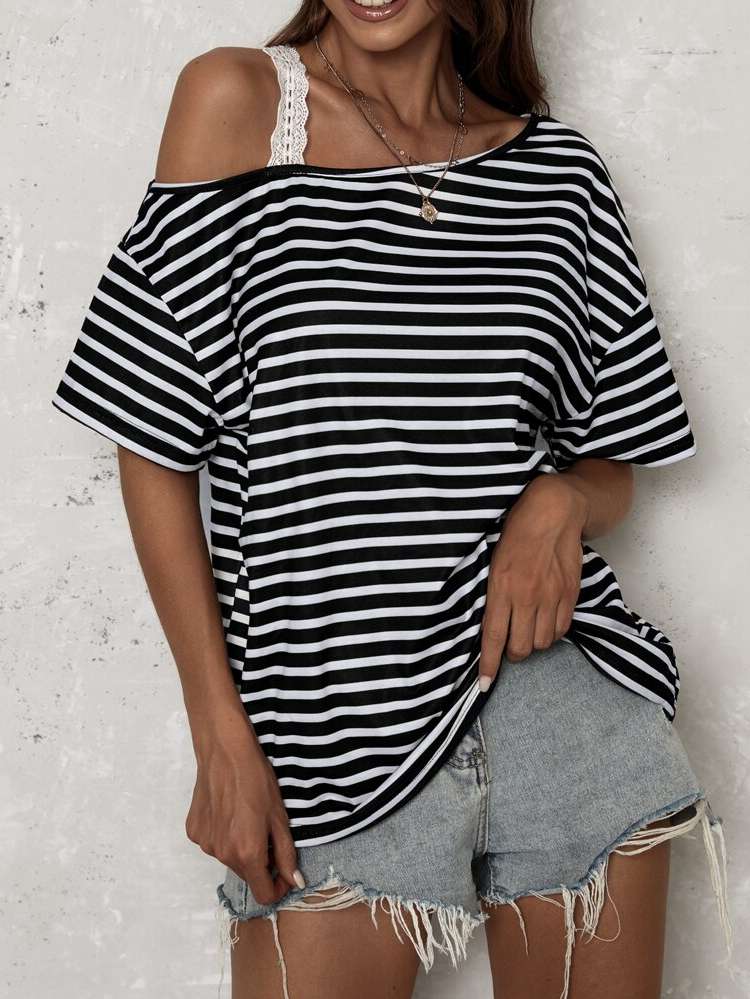 Black and White Short Sleeve Regular Fit Asymmetrical Neck Women T-Shirts 9724