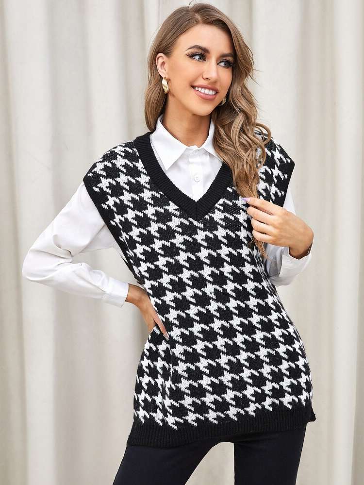 Black and White  Long Women Knitwear 2221