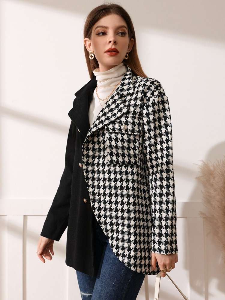 Pocket Long Sleeve Short Houndstooth Women Outerwear 260