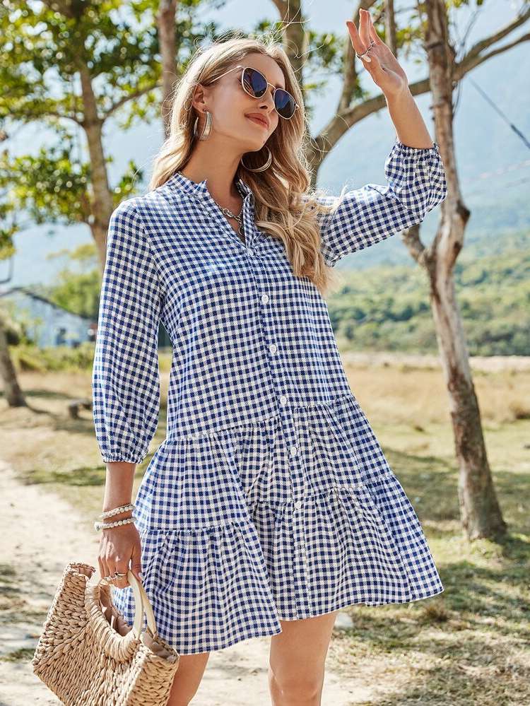 Gingham Loose Casual Ruffle Hem Women Dresses 709