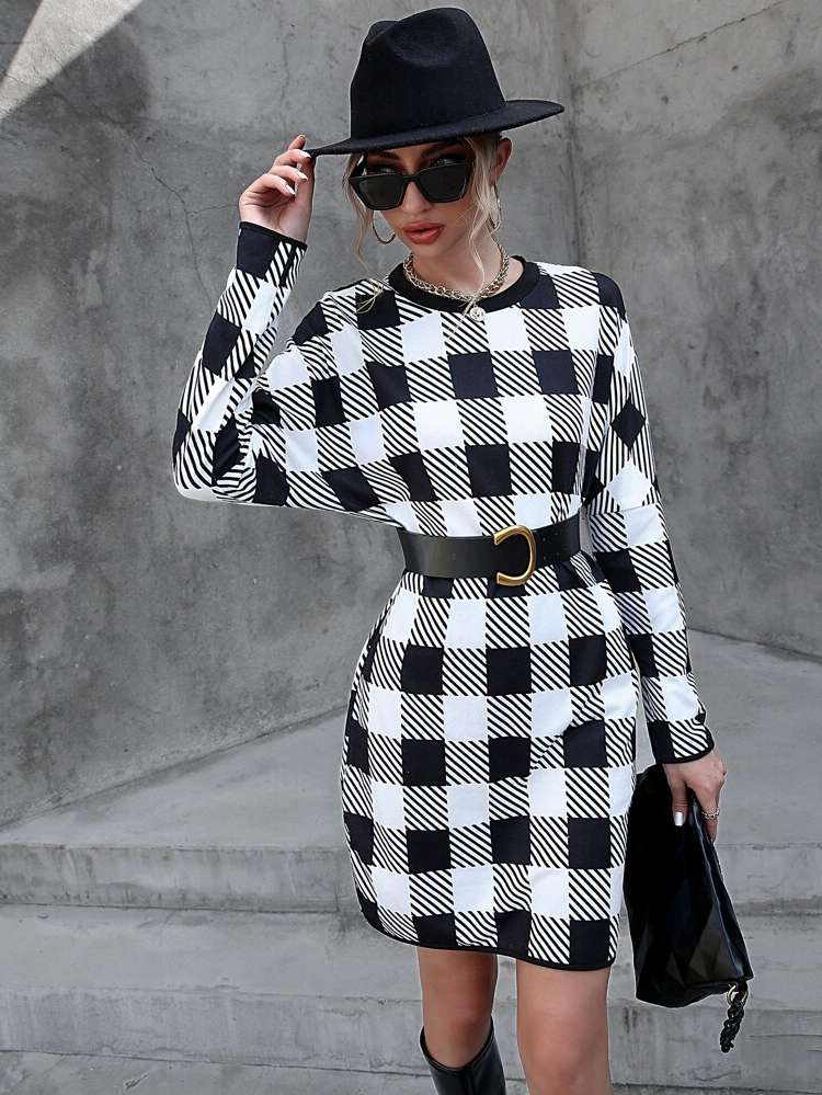 Long Sleeve Regular Fit Gingham Women Dresses 613