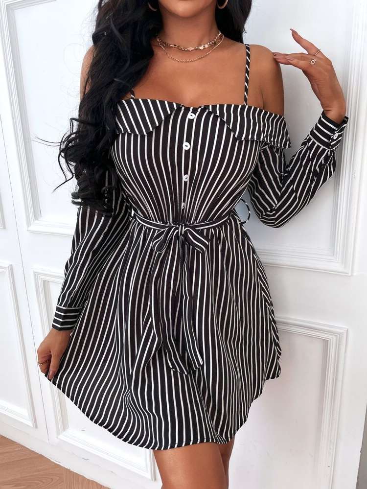  Cold Shoulder Black and White Fake Buttons Women Dresses 7470