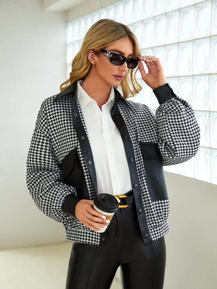  Casual Houndstooth Regular Women Jackets 3518