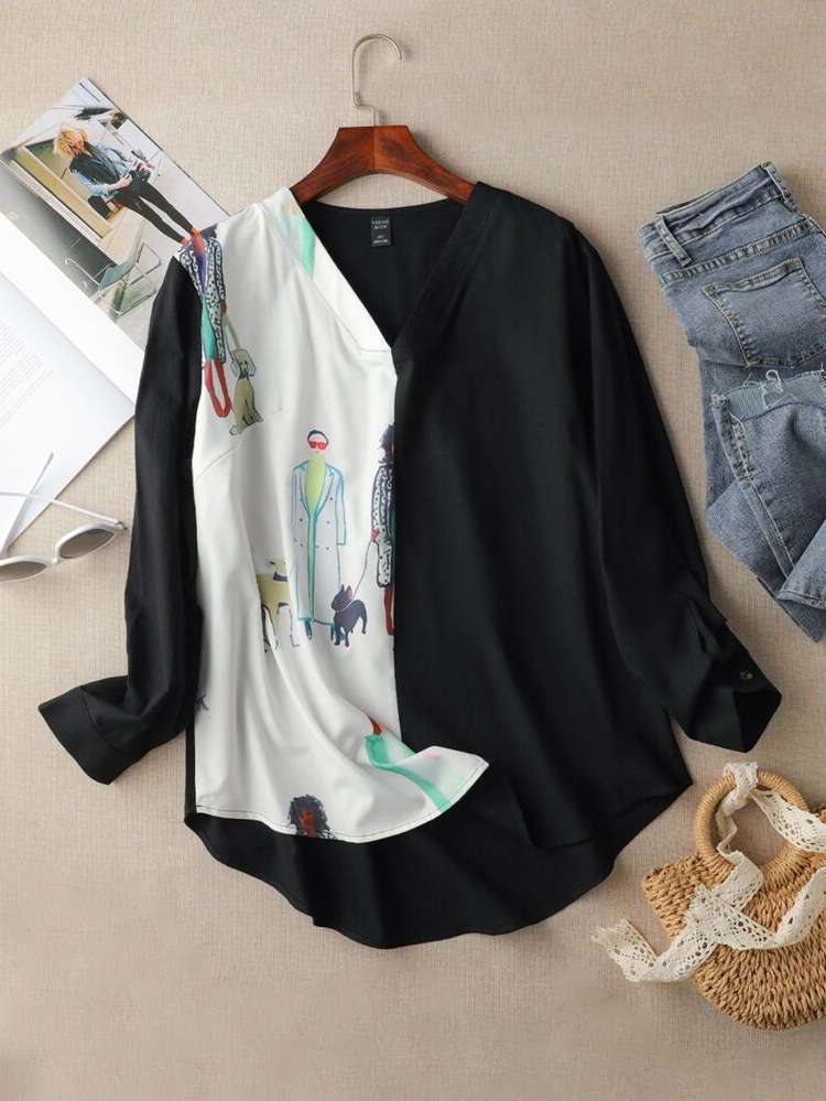  Black and White Long Sleeve Oversized Plus Size Tops 1733