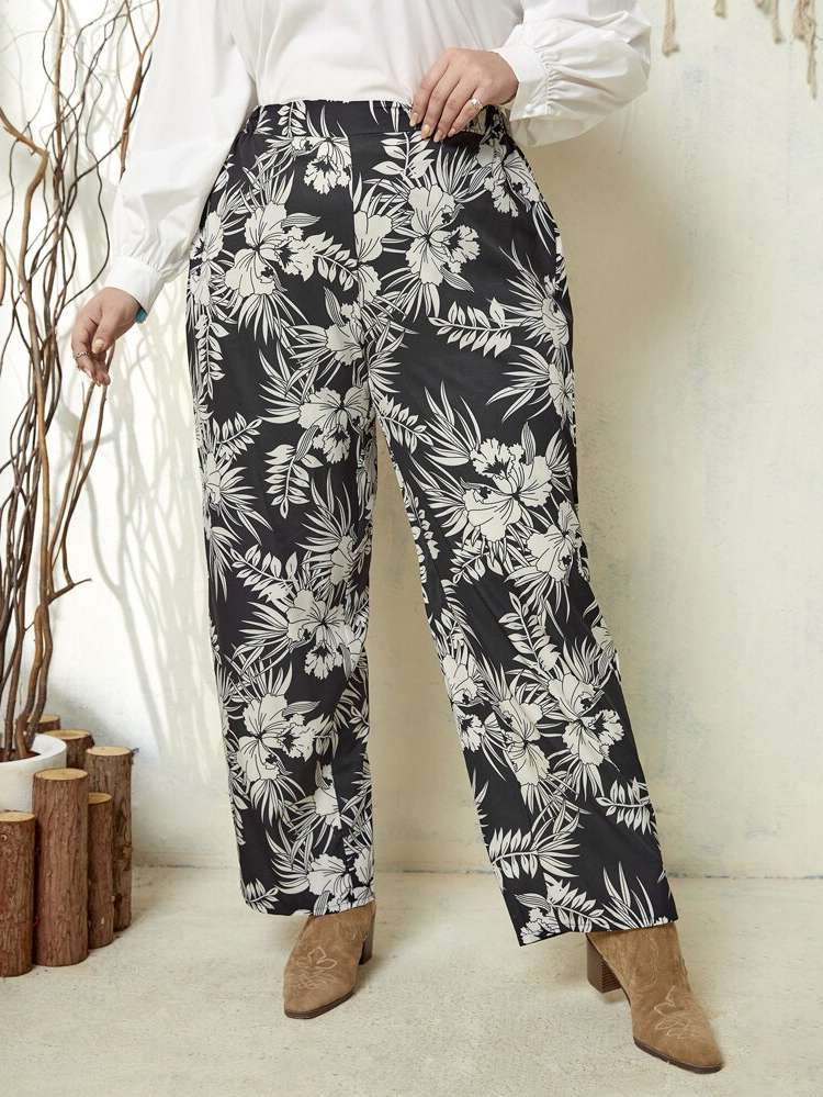 Black and White  Regular Fit Plus Size Pants 428