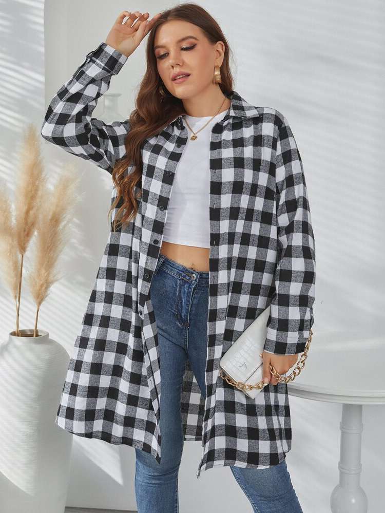 Long Sleeve Long Gingham Collar Plus Size Blouses 661