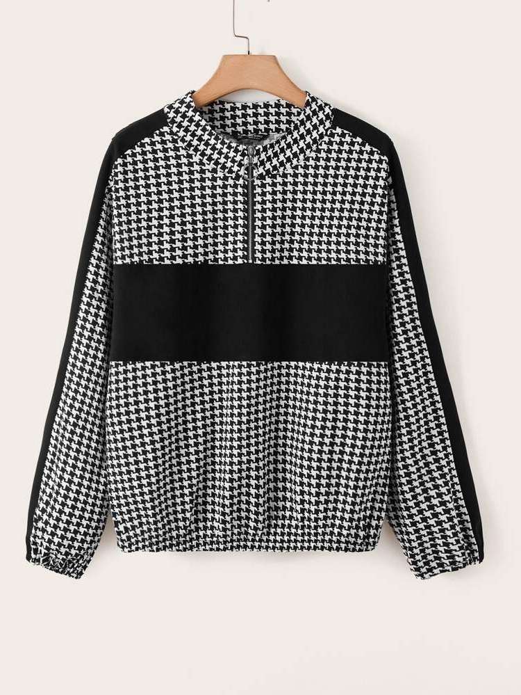 Black and White Stand Collar Long Sleeve Houndstooth Women Plus Clothing 2757