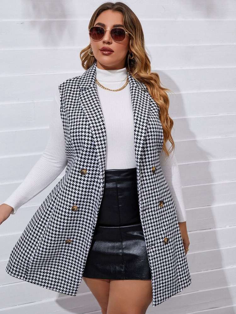 Houndstooth Elegant Belted Plus Size Overcoats 166