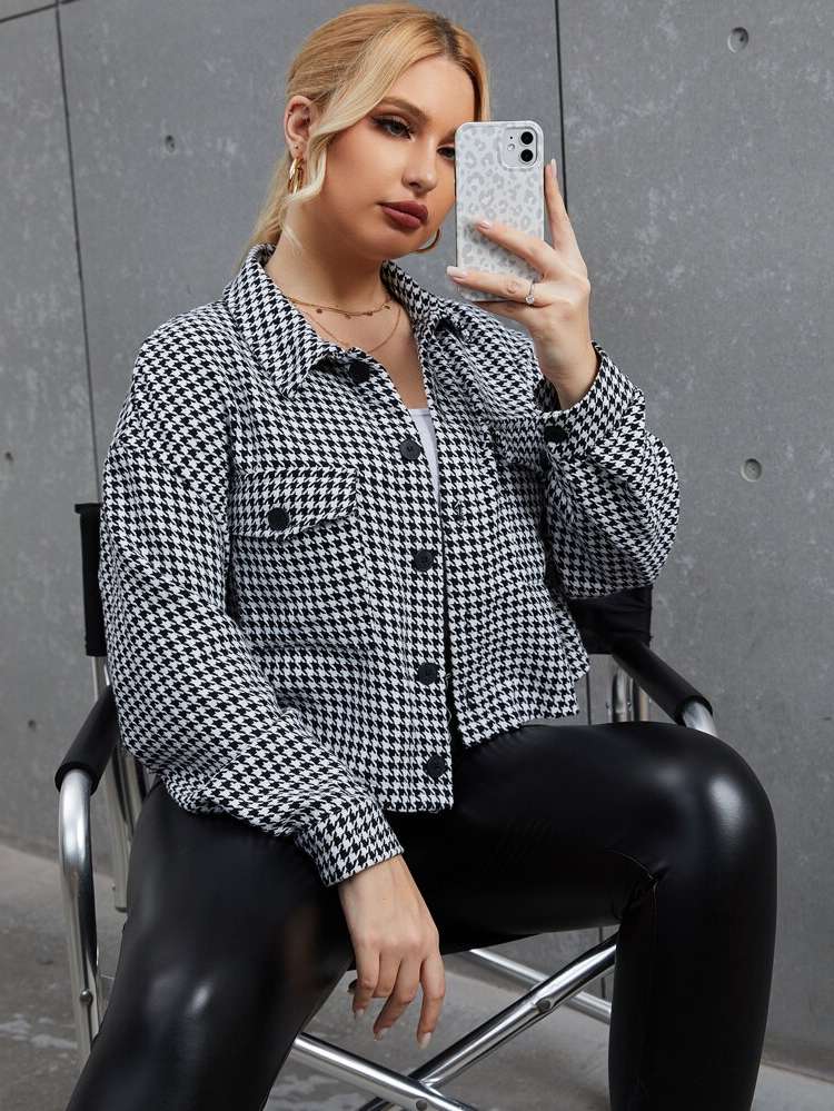  Black and White Regular Fit Houndstooth Women Plus Clothing 143