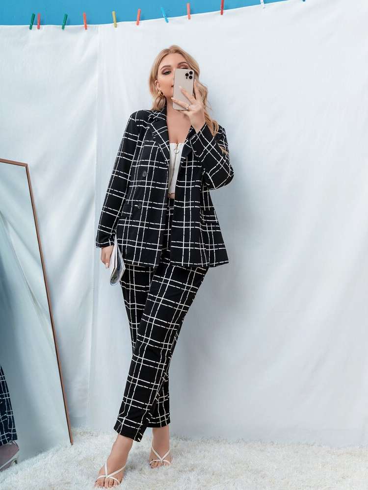 Black and White Button Front Long Sleeve Elegant Plus Size Suit Sets 2975