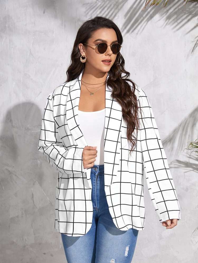 Casual Plaid Long Sleeve Plus Size Suits 7792