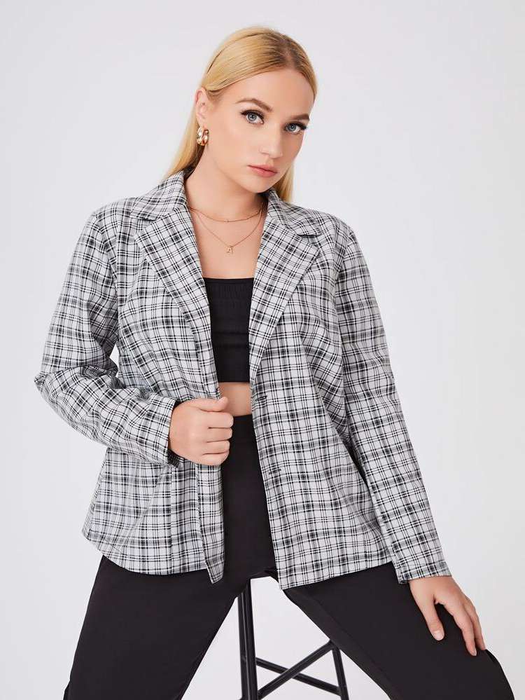 Lapel Casual Plaid Button Plus Size Blazers 5429