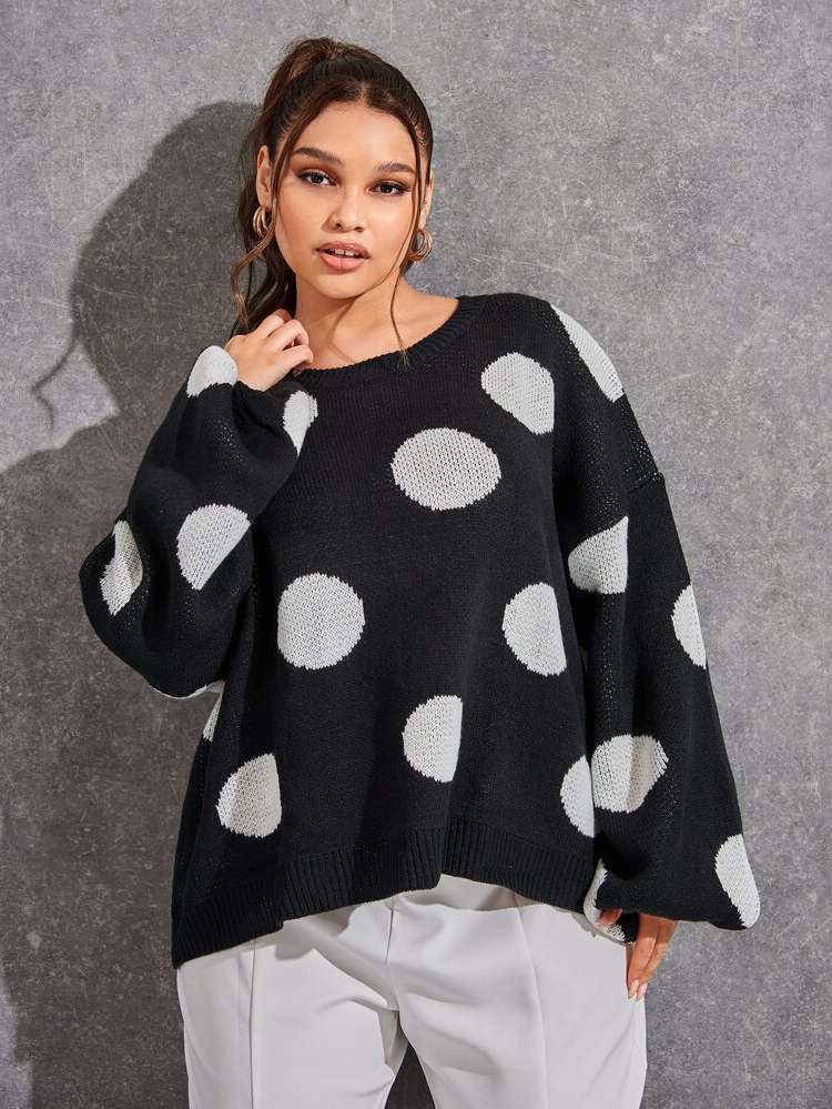 Polka Dot Oversized Long Sleeve Plus Size Knitwear 4062