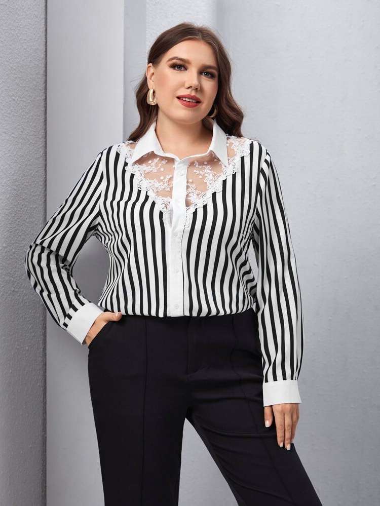 Long Regular Fit Black and White Collar Women Plus Clothing 746