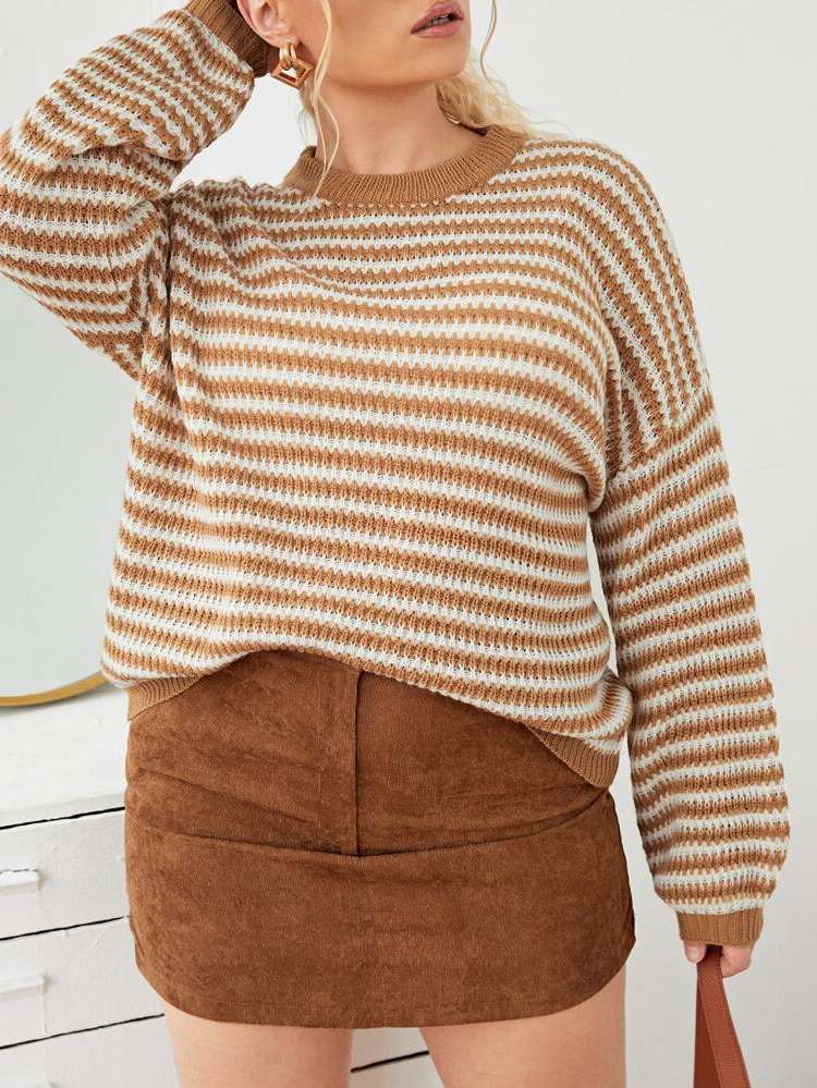 Casual Round Neck Striped Women Plus Clothing 183