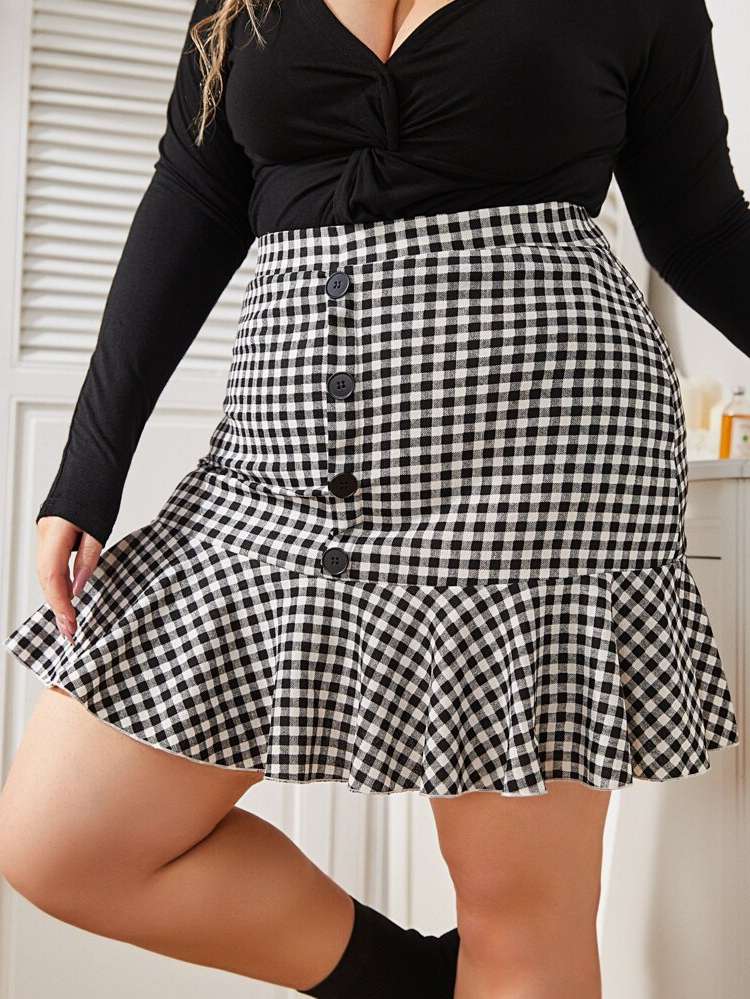 Gingham Ruffle Hem Women Plus Clothing 6828