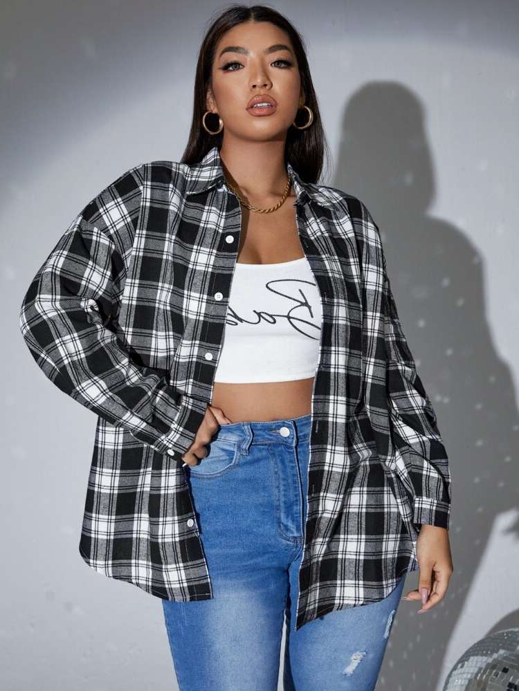 Plaid Collar Casual Plus Size Tops 956