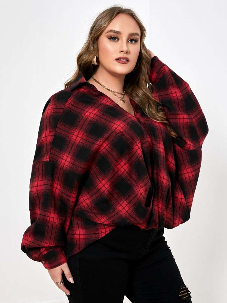  Oversized Plaid Plus Size Blouses 7619