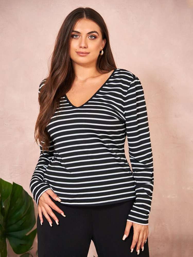 Regular Fit Striped Long Sleeve Regular Plus Size T-shirts 1068