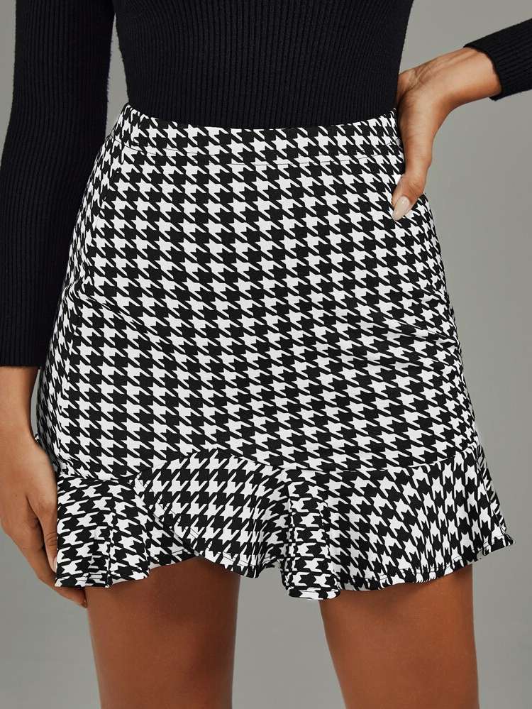 Ruffle Hem Houndstooth Casual Women Skirts 266