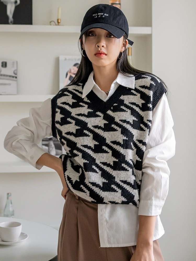 Casual V neck Regular Houndstooth Women Sweater Vests 851