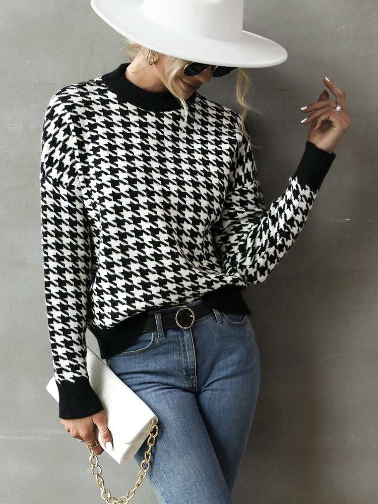 Houndstooth Round Neck  Women Clothing 9381