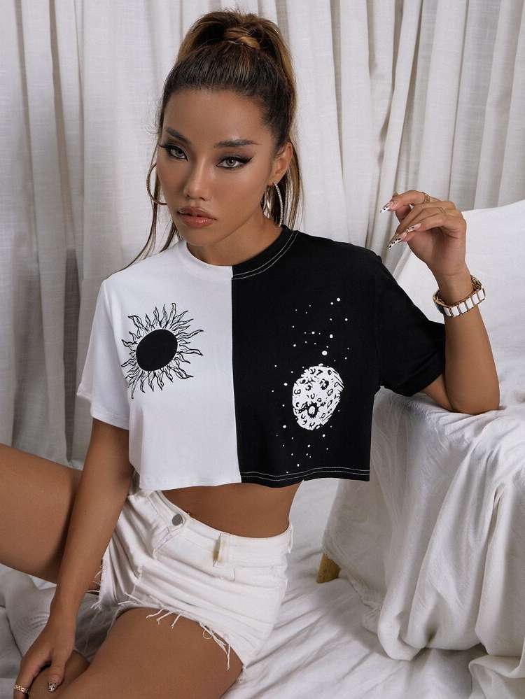  Crop Casual Black and White Women Clothing 2614