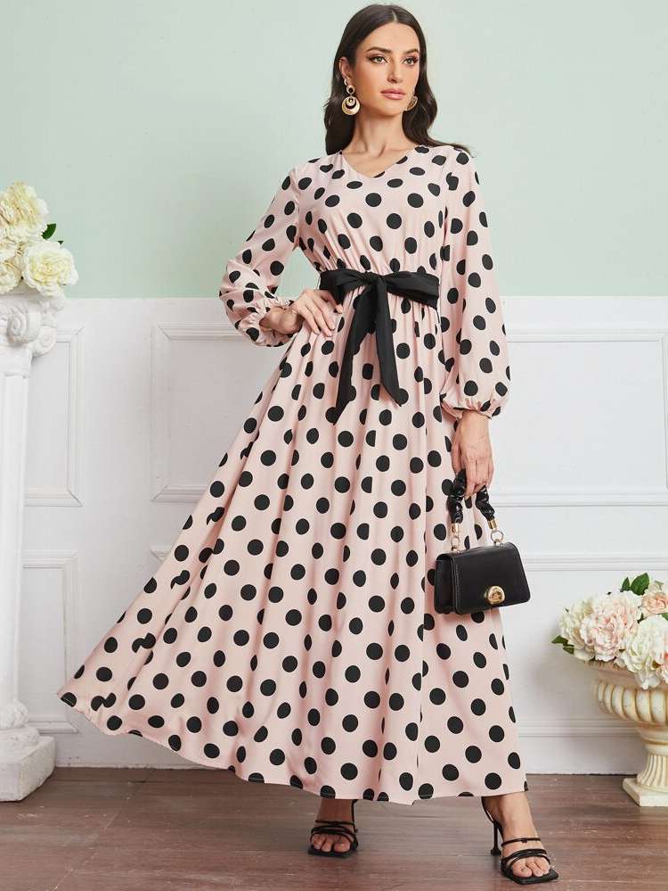 Boho Polka Dot Long Sleeve Arabian Dresses 6015