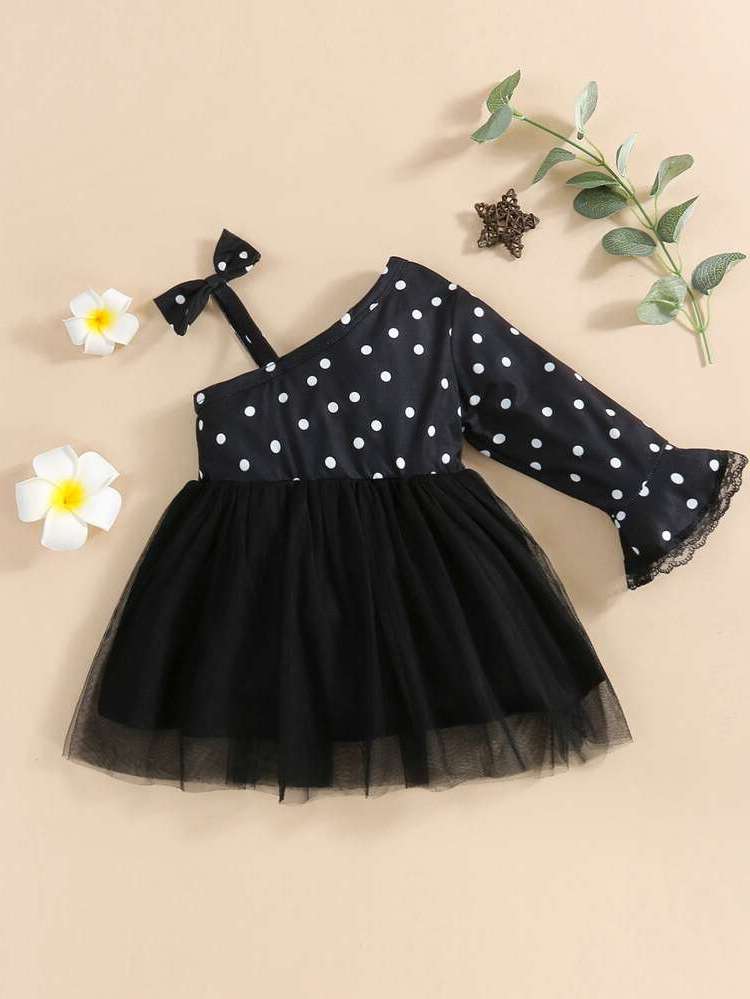 Black Asymmetrical Neck Contrast Mesh Baby Clothing 7011