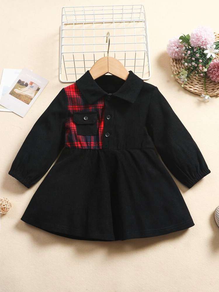 Black Plaid Regular Fit Baby Dresses 816