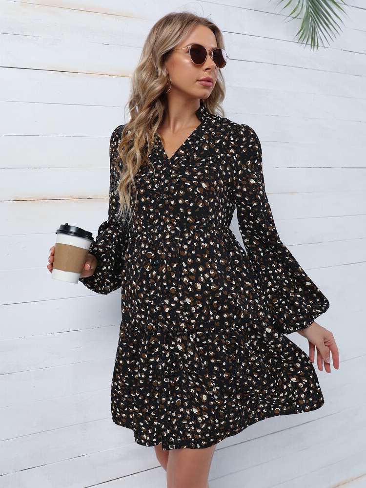 Button Front Boho Long Sleeve Regular Fit Maternity Dresses 764